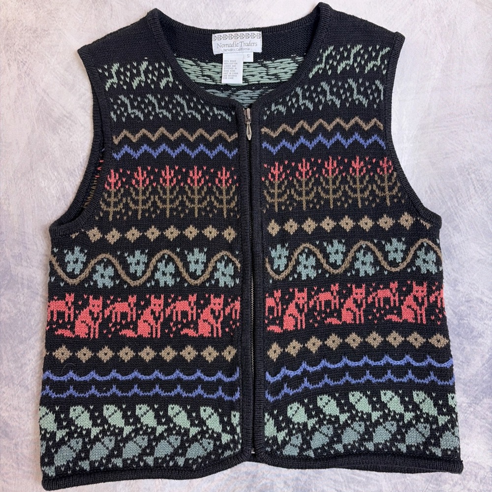 Vintage Nomadic Traders Fair Isle Cat Knit Zip Up Sweater Vest Black Small